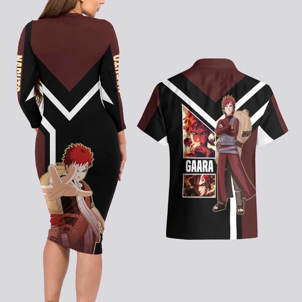 Gaara Naruto Couples Matching Long Sleeve Bodycon Dress and Hawaiian Shirt with Sand Powers and Intense Battle Pose Design - The Mazicc
