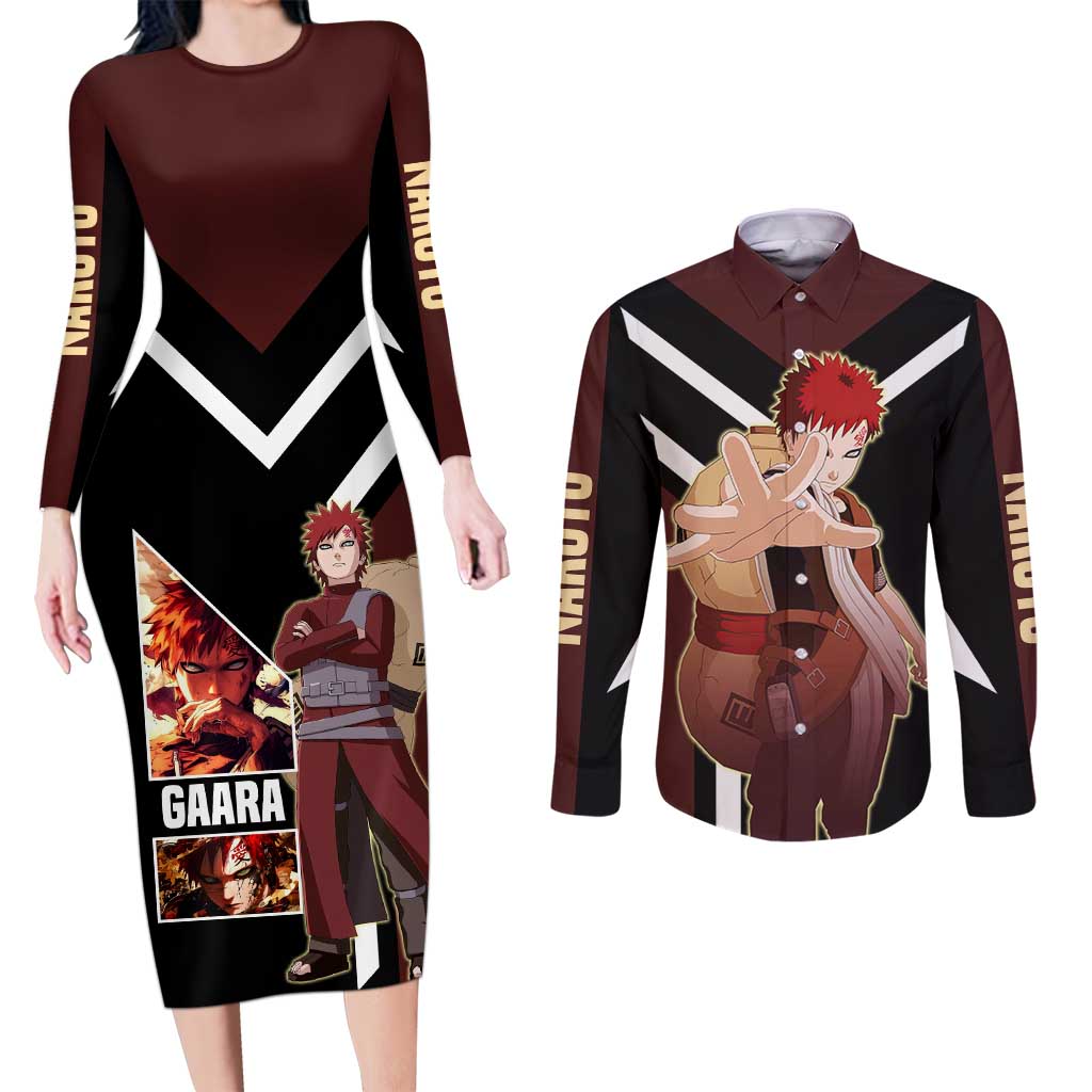 Gaara Naruto Couples Matching Long Sleeve Bodycon Dress and Long Sleeve Button Shirt with Sand Powers and Intense Battle Pose Design - The Mazicc