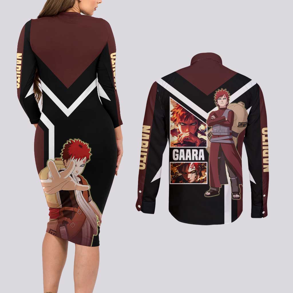 Gaara Naruto Couples Matching Long Sleeve Bodycon Dress and Long Sleeve Button Shirt with Sand Powers and Intense Battle Pose Design - The Mazicc