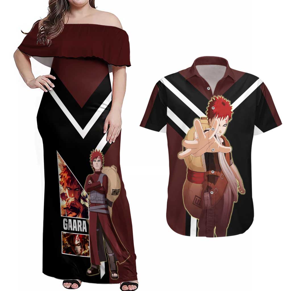Gaara Naruto Couples Matching Off Shoulder Maxi Dress and Hawaiian Shirt with Sand Powers and Intense Battle Pose Design - The Mazicc