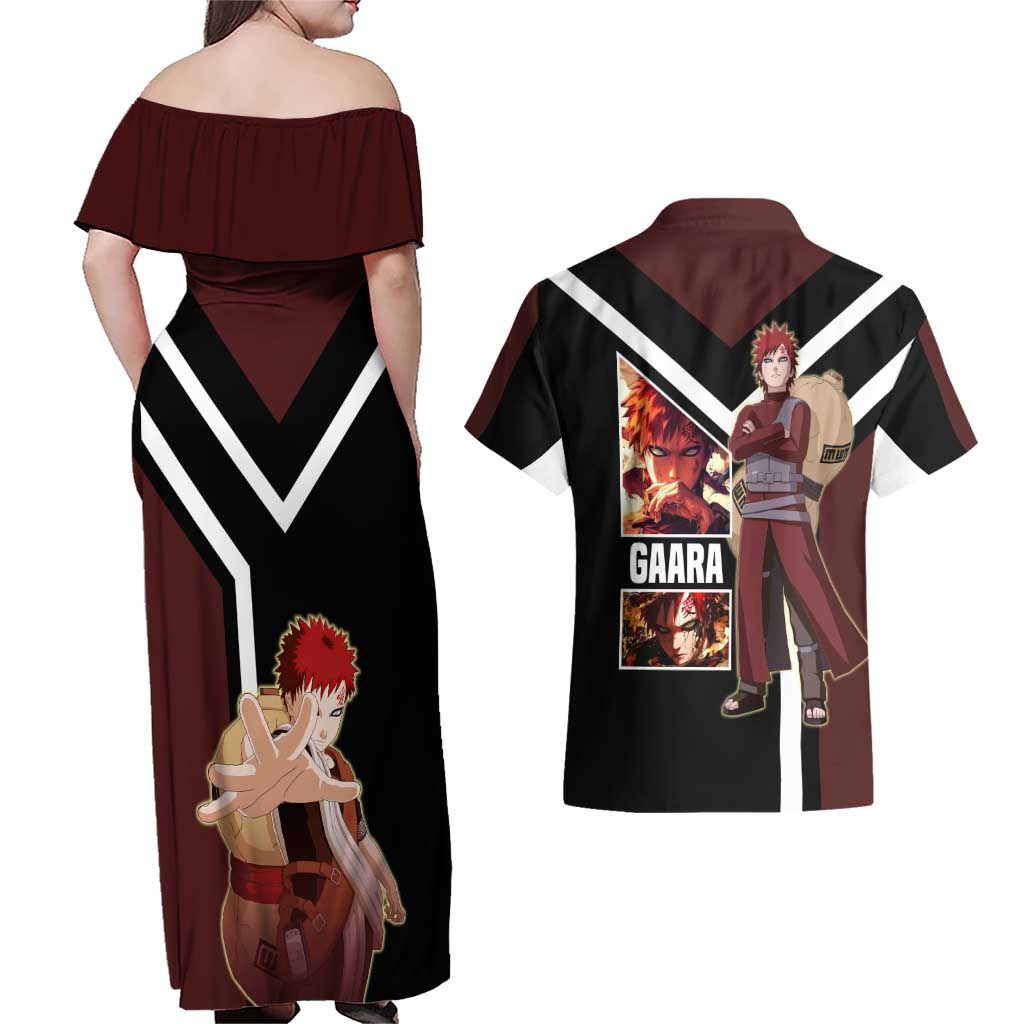 Gaara Naruto Couples Matching Off Shoulder Maxi Dress and Hawaiian Shirt with Sand Powers and Intense Battle Pose Design - The Mazicc