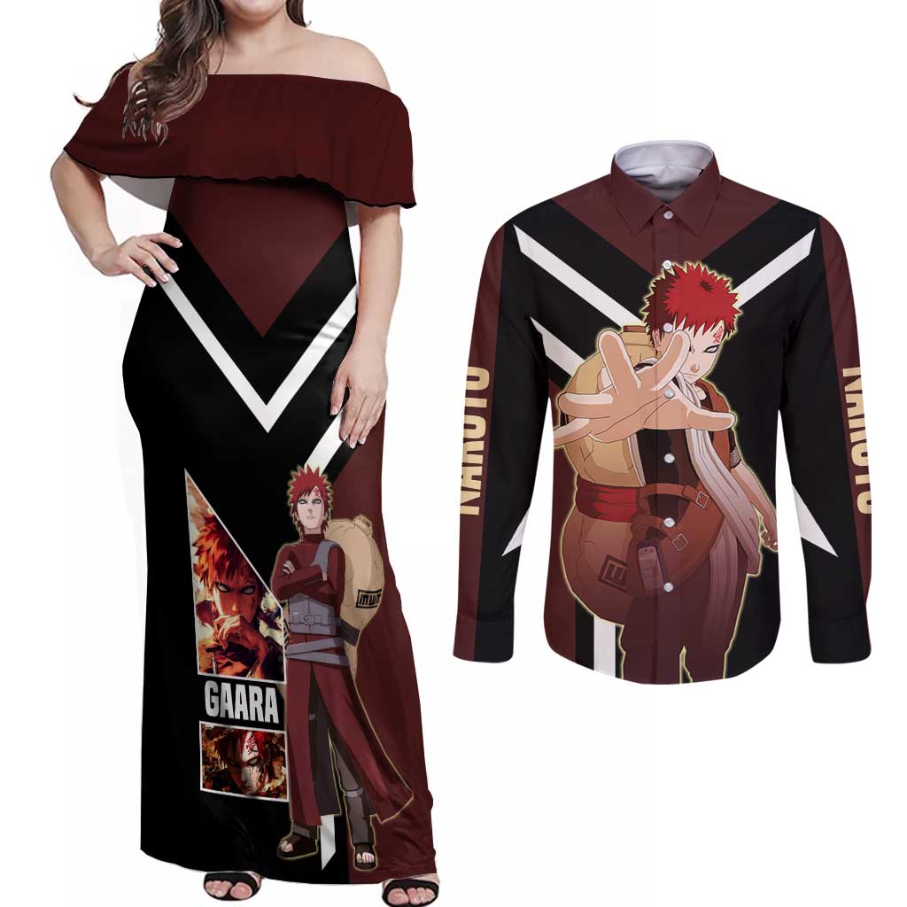 Gaara Naruto Couples Matching Off Shoulder Maxi Dress and Long Sleeve Button Shirt with Sand Powers and Intense Battle Pose Design - The Mazicc