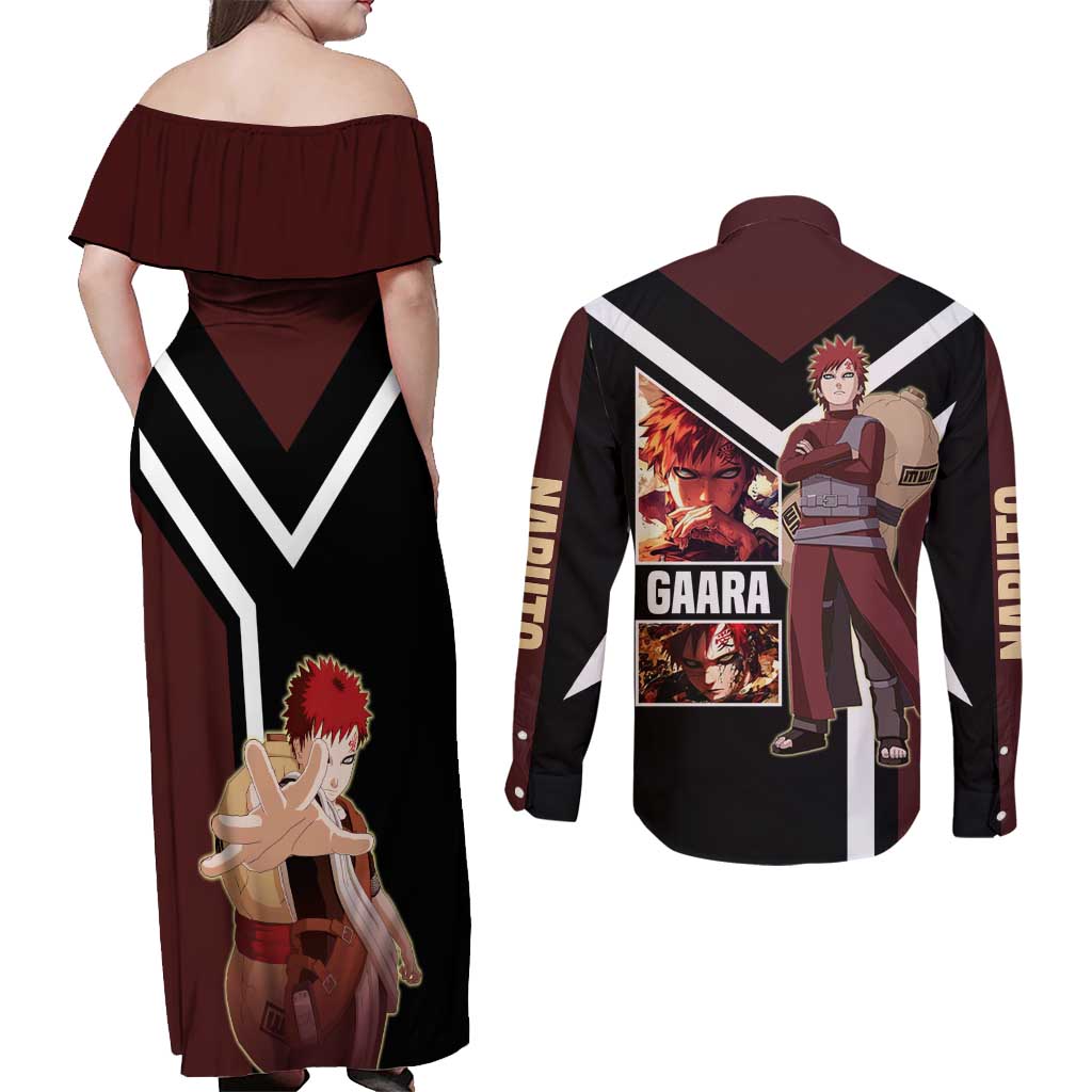 Gaara Naruto Couples Matching Off Shoulder Maxi Dress and Long Sleeve Button Shirt with Sand Powers and Intense Battle Pose Design - The Mazicc