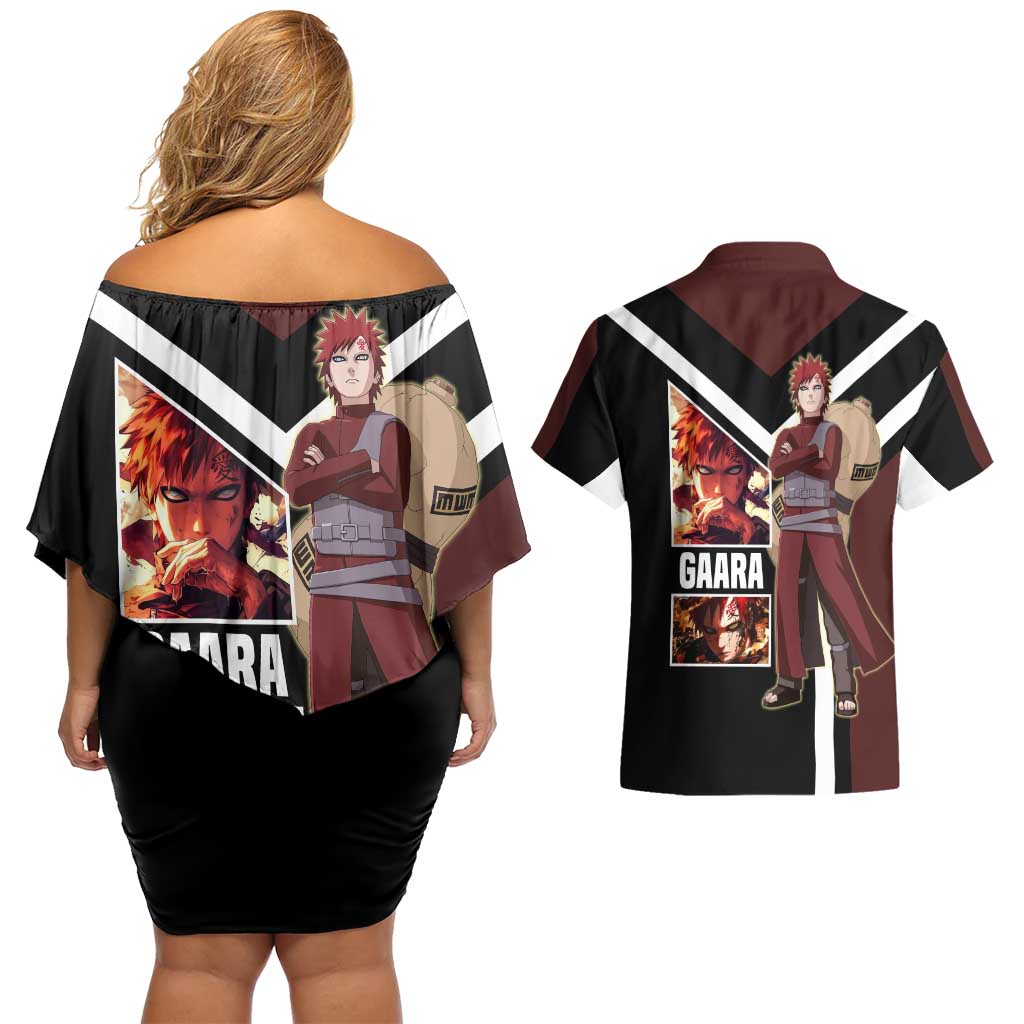 Gaara Naruto Couples Matching Off Shoulder Short Dress and Hawaiian Shirt with Sand Powers and Intense Battle Pose Design - The Mazicc