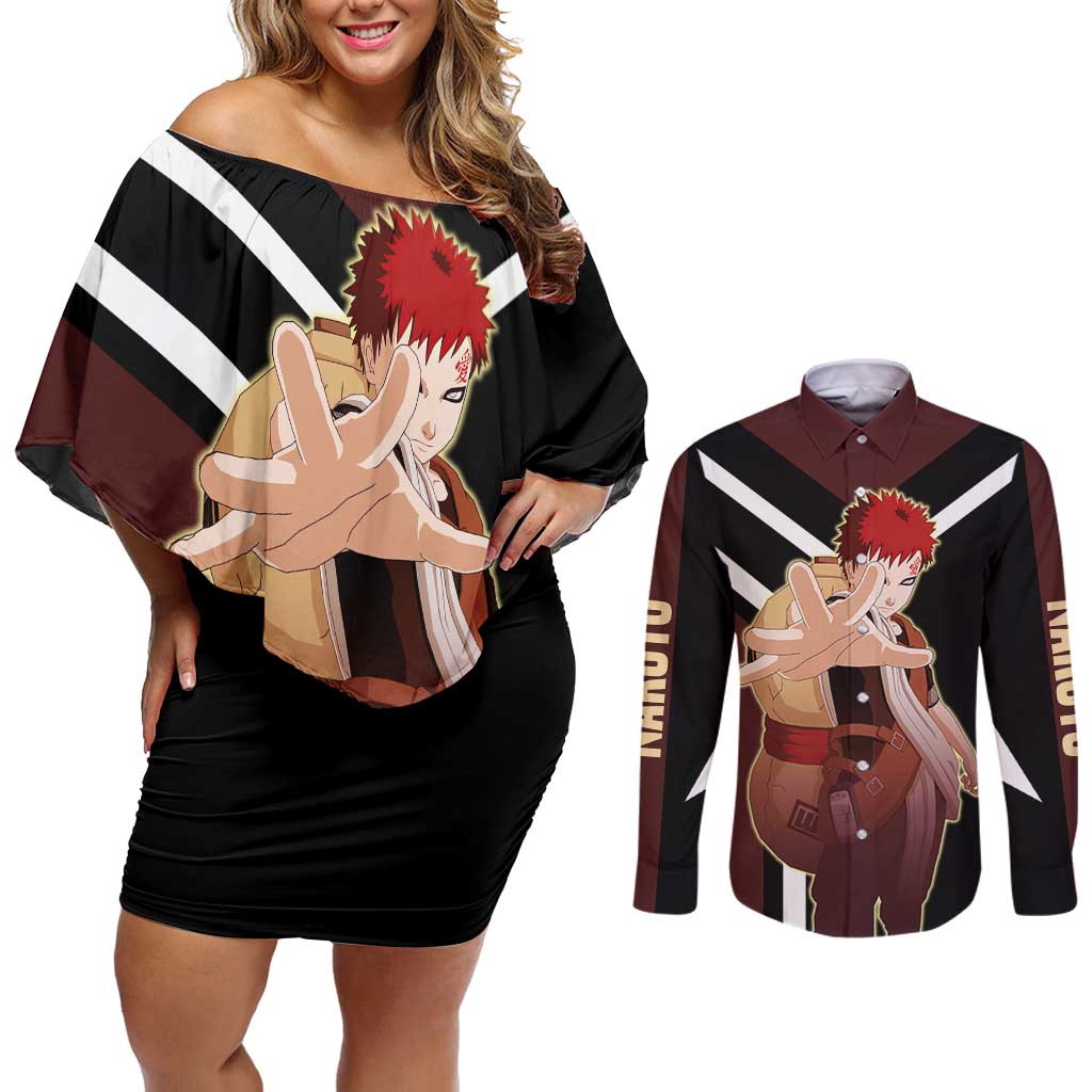 Gaara Naruto Couples Matching Off Shoulder Short Dress and Long Sleeve Button Shirt with Sand Powers and Intense Battle Pose Design - The Mazicc