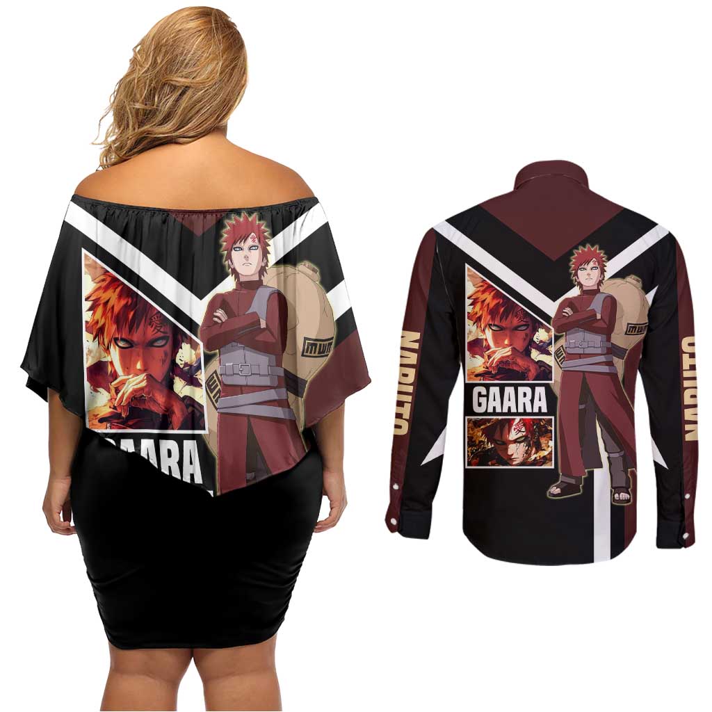 Gaara Naruto Couples Matching Off Shoulder Short Dress and Long Sleeve Button Shirt with Sand Powers and Intense Battle Pose Design - The Mazicc