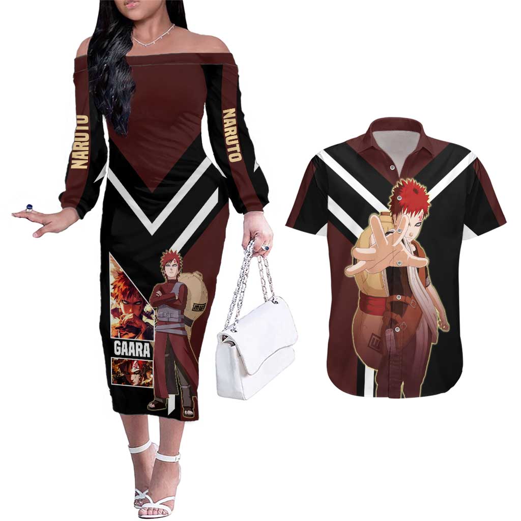 Gaara Naruto Couples Matching Off The Shoulder Long Sleeve Dress and Hawaiian Shirt with Sand Powers and Intense Battle Pose Design - The Mazicc