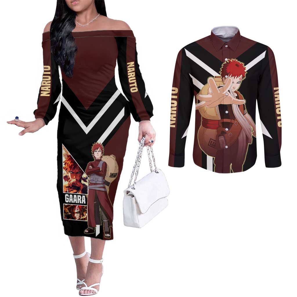 Gaara Naruto Couples Matching Off The Shoulder Long Sleeve Dress and Long Sleeve Button Shirt with Sand Powers and Intense Battle Pose Design - The Mazicc