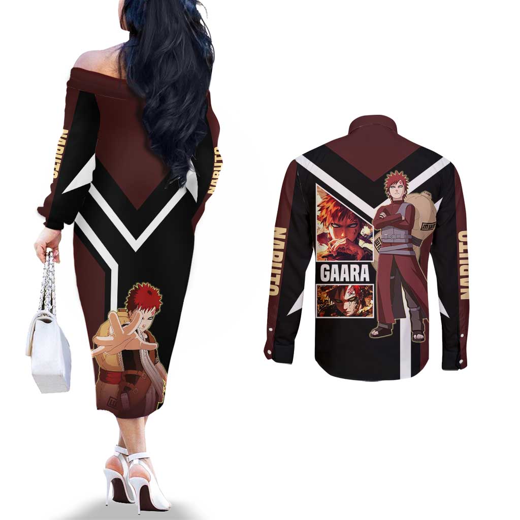 Gaara Naruto Couples Matching Off The Shoulder Long Sleeve Dress and Long Sleeve Button Shirt with Sand Powers and Intense Battle Pose Design - The Mazicc