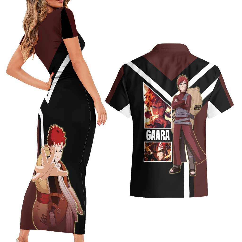 Gaara Naruto Couples Matching Short Sleeve Bodycon Dress and Hawaiian Shirt with Sand Powers and Intense Battle Pose Design - The Mazicc