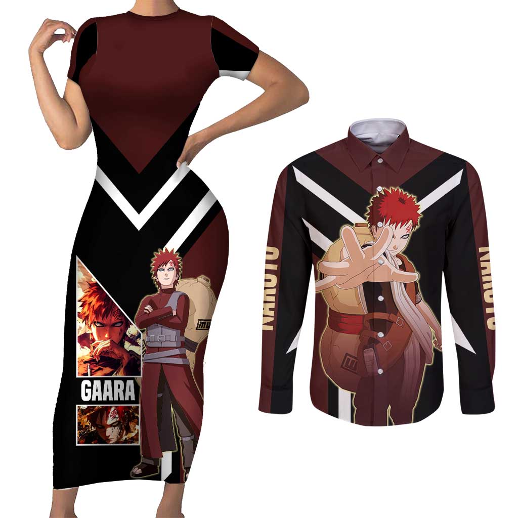 Gaara Naruto Couples Matching Short Sleeve Bodycon Dress and Long Sleeve Button Shirt with Sand Powers and Intense Battle Pose Design - The Mazicc