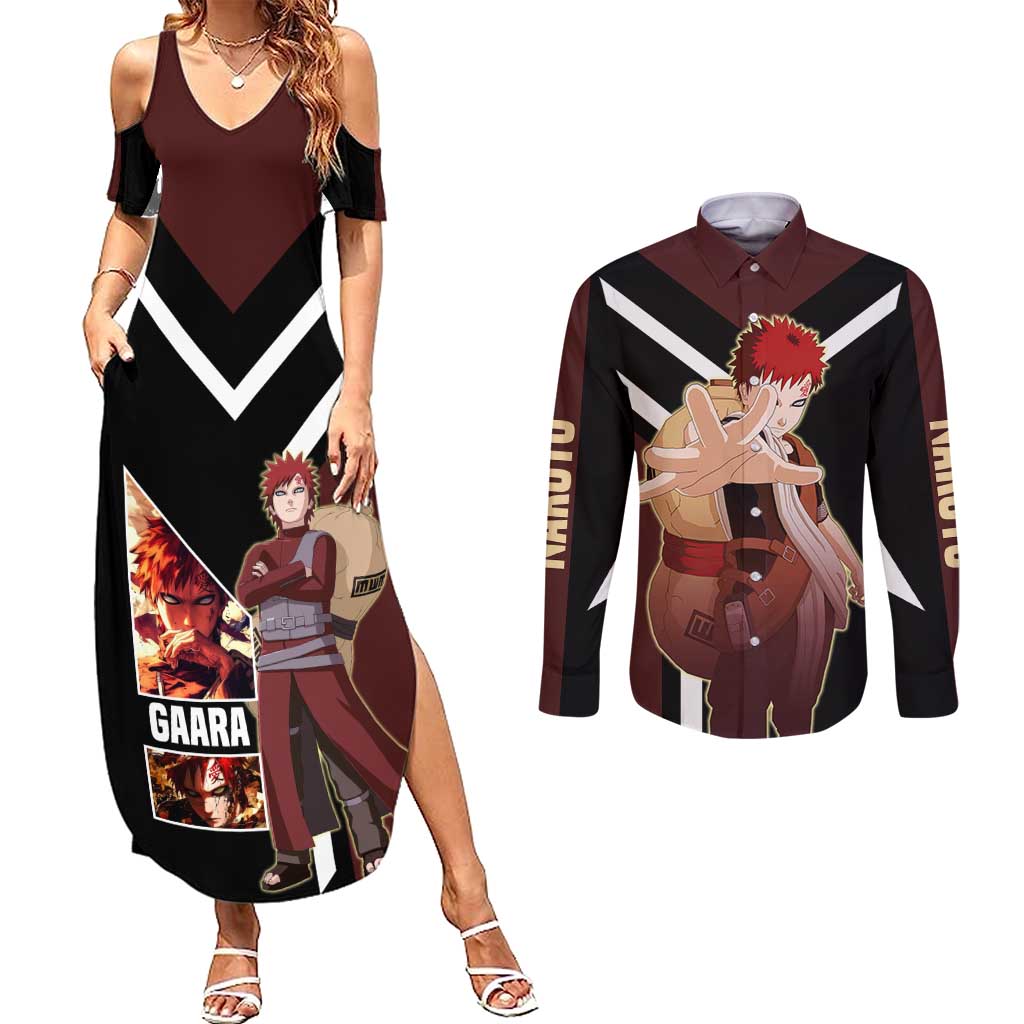 Gaara Naruto Couples Matching Summer Maxi Dress and Long Sleeve Button Shirt with Sand Powers and Intense Battle Pose Design - The Mazicc