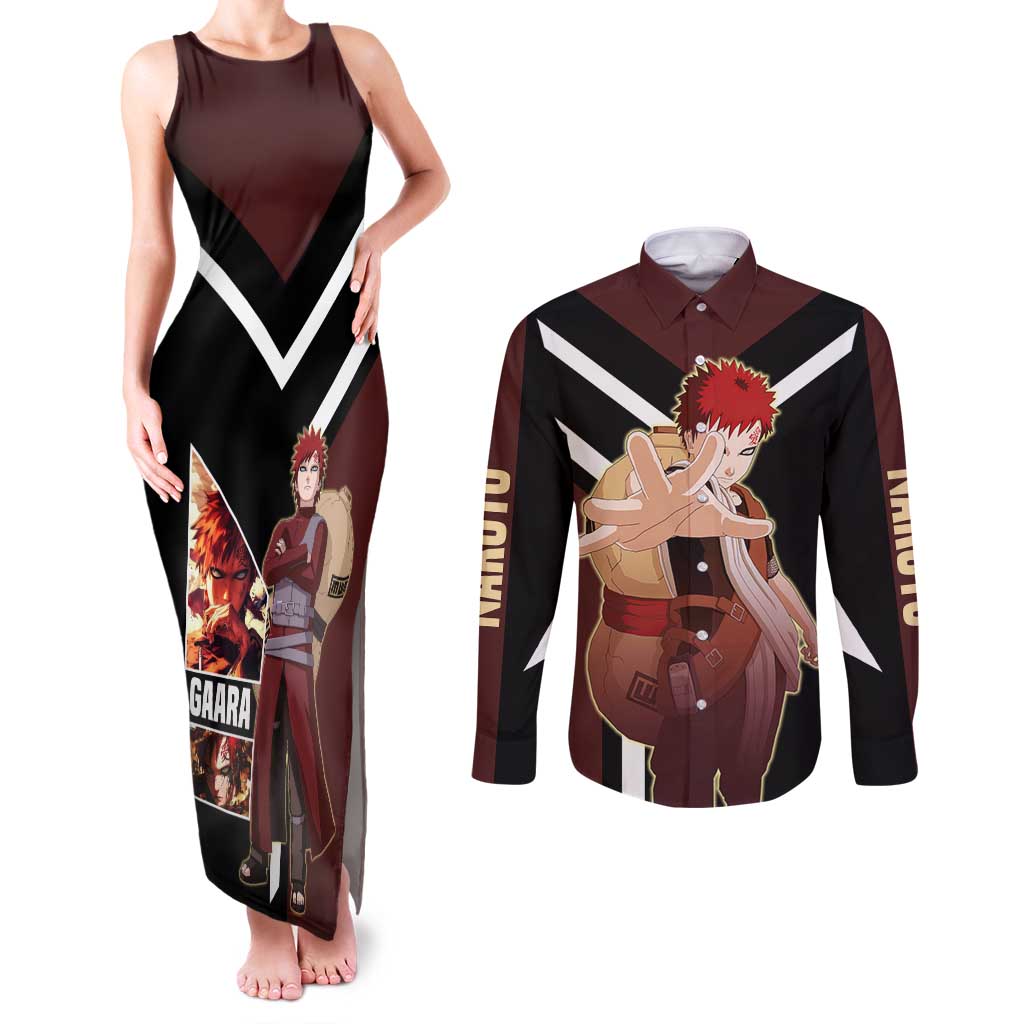Gaara Naruto Couples Matching Tank Maxi Dress and Long Sleeve Button Shirt with Sand Powers and Intense Battle Pose Design - The Mazicc