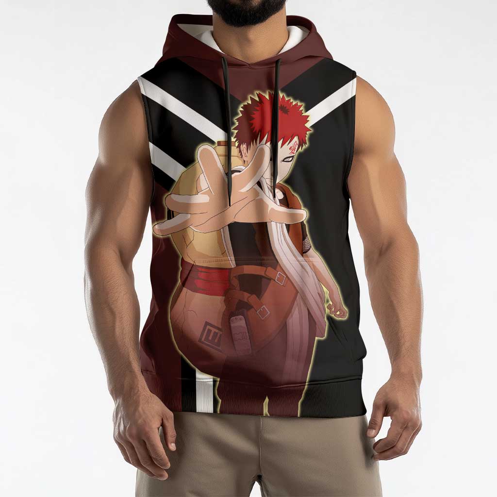 Gaara Naruto Sleeveless Hoodie with Sand Powers and Intense Battle Pose Design - The Mazicc