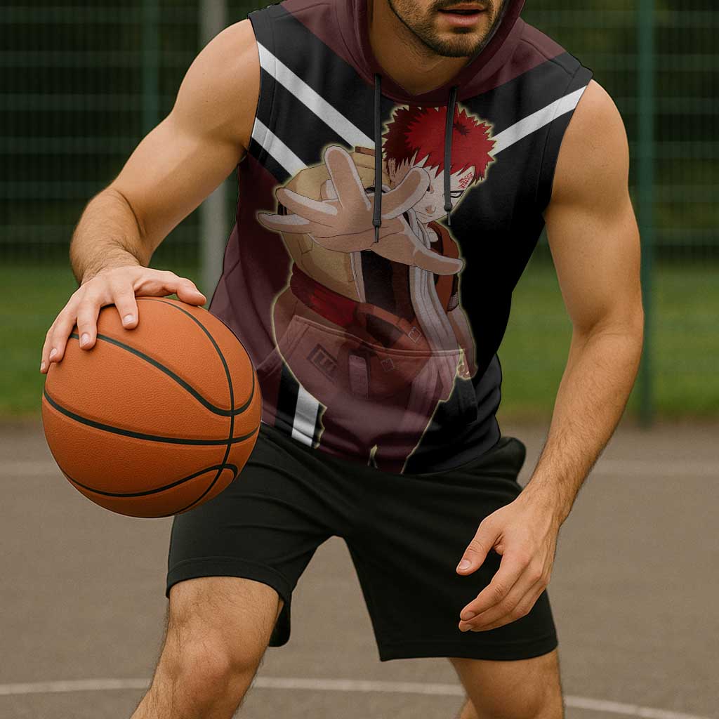 Gaara Naruto Sleeveless Hoodie with Sand Powers and Intense Battle Pose Design - The Mazicc