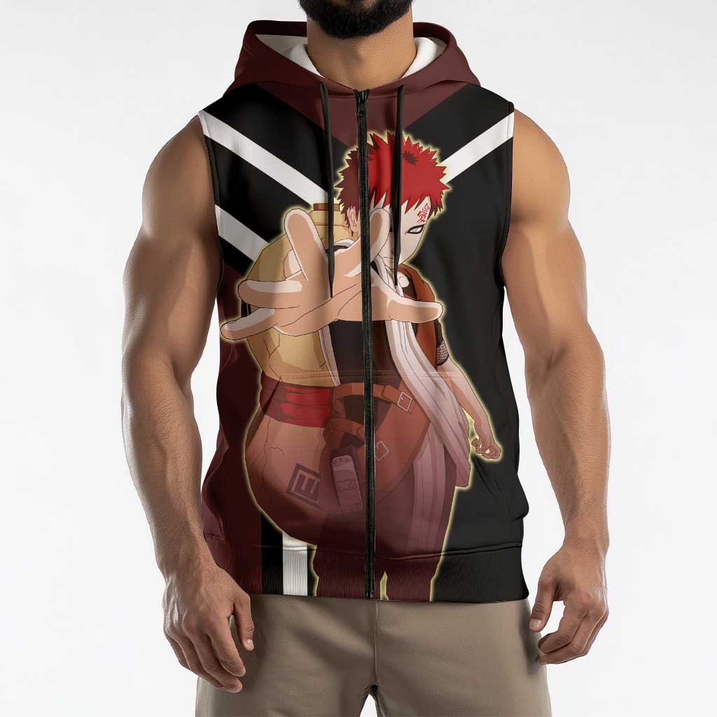 Gaara Naruto Sleeveless Zip Hoodie with Sand Powers and Intense Battle Pose Design - The Mazicc