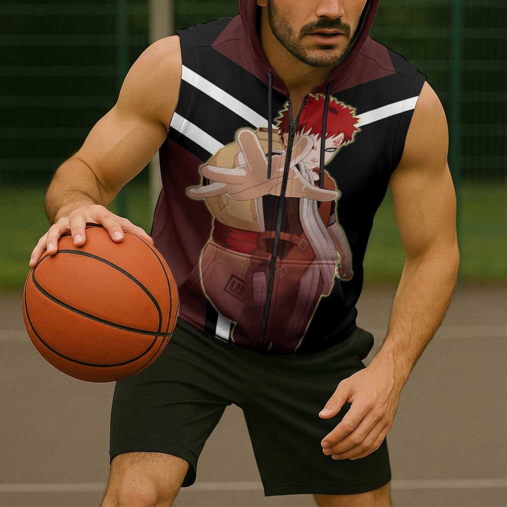 Gaara Naruto Sleeveless Zip Hoodie with Sand Powers and Intense Battle Pose Design - The Mazicc
