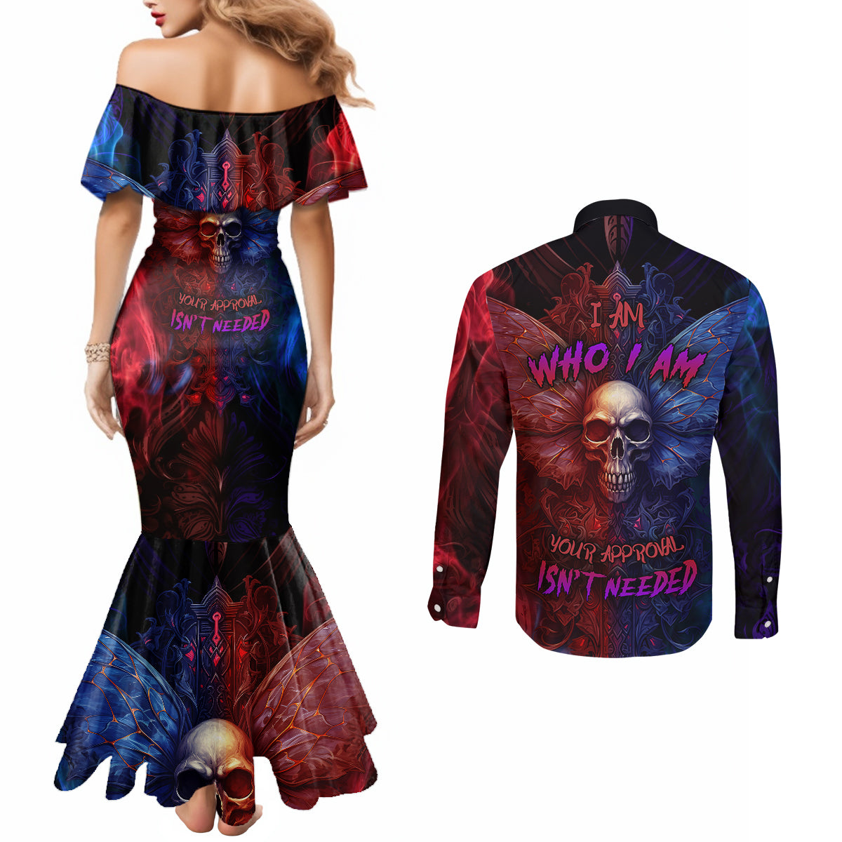 i-am-who-i-am-your-approval-isnt-needed-couples-matching-mermaid-dress-and-long-sleeve-button-shirts