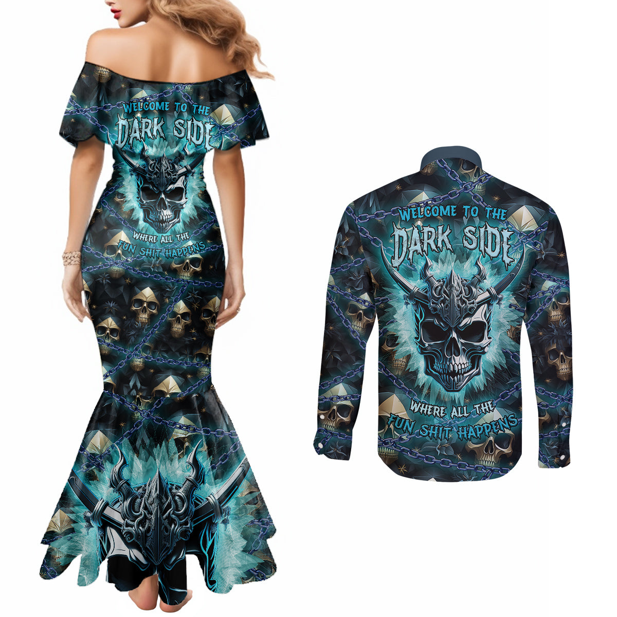 welcome-to-the-dark-side-couples-matching-mermaid-dress-and-long-sleeve-button-shirts