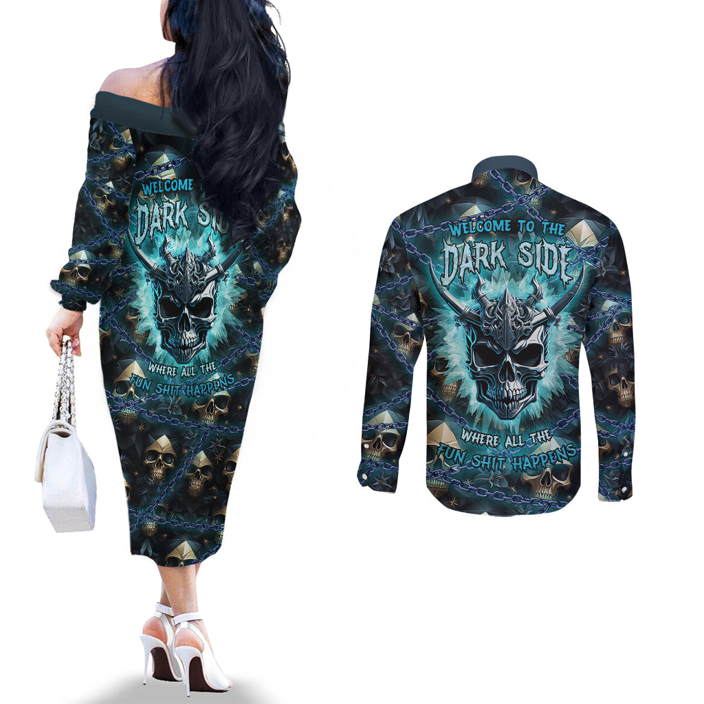welcome-to-the-dark-side-couples-matching-off-the-shoulder-long-sleeve-dress-and-long-sleeve-button-shirts