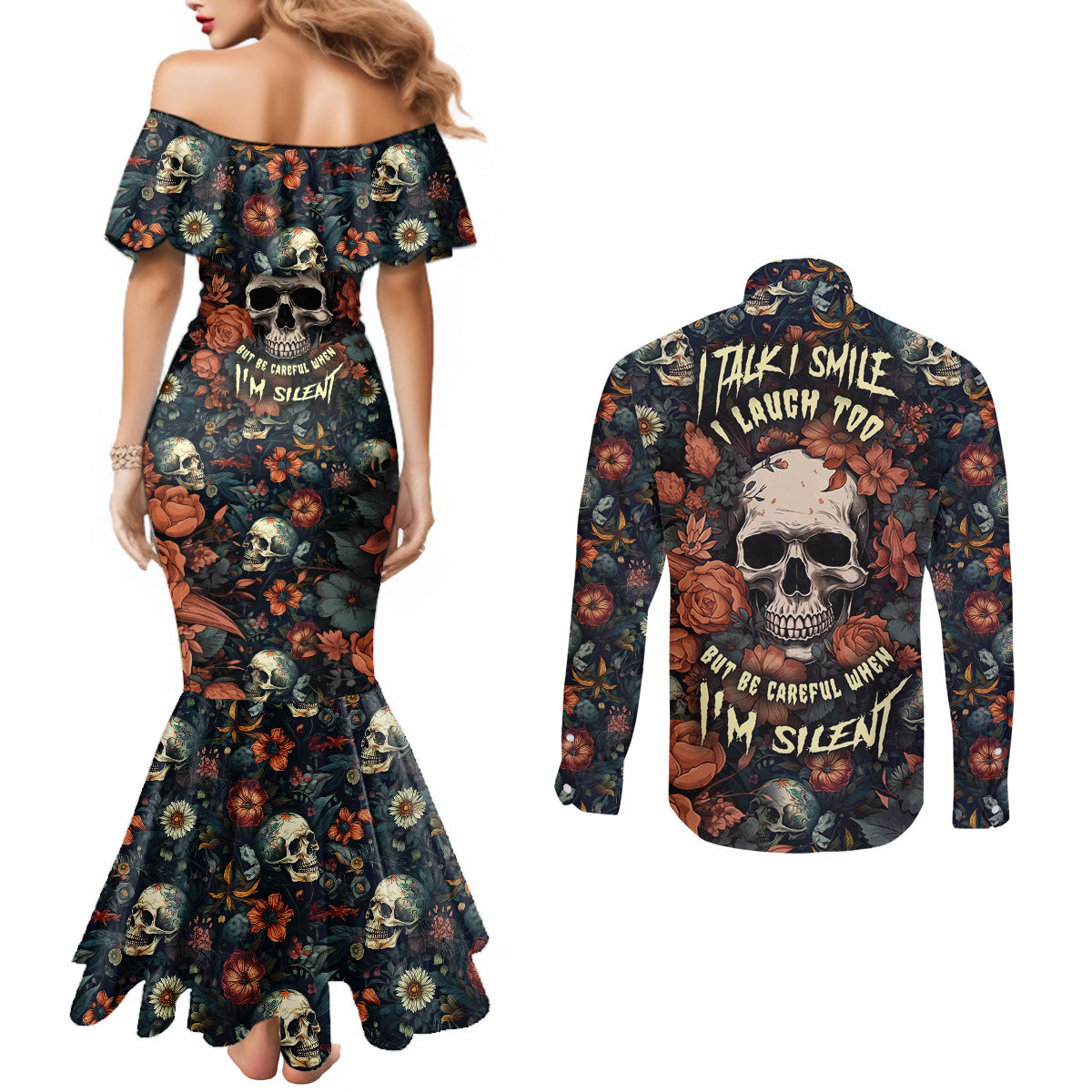 i-talk-i-smile-i-laugh-too-but-be-care-ful-when-im-silent-couples-matching-mermaid-dress-and-long-sleeve-button-shirts