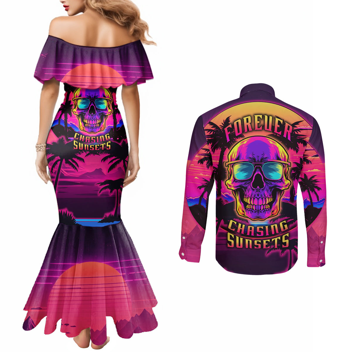 foreuer-chasing-sunsets-skull-couples-matching-mermaid-dress-and-long-sleeve-button-shirts