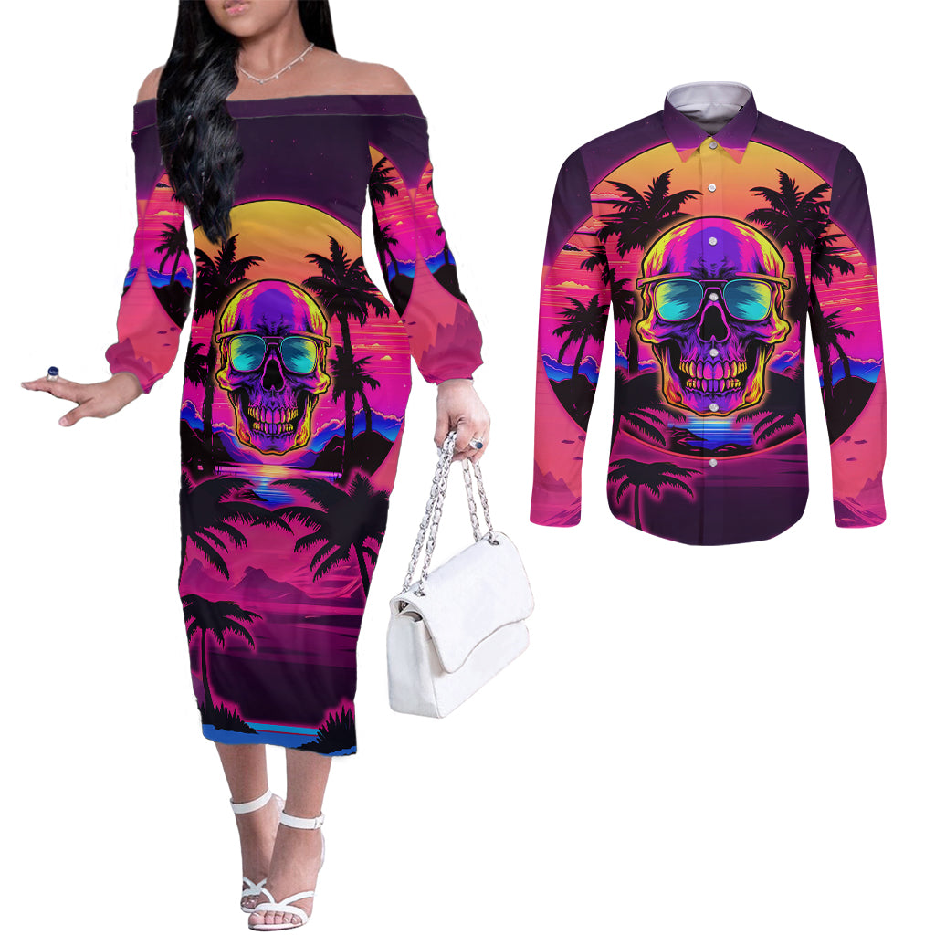 foreuer-chasing-sunsets-skull-couples-matching-off-the-shoulder-long-sleeve-dress-and-long-sleeve-button-shirts