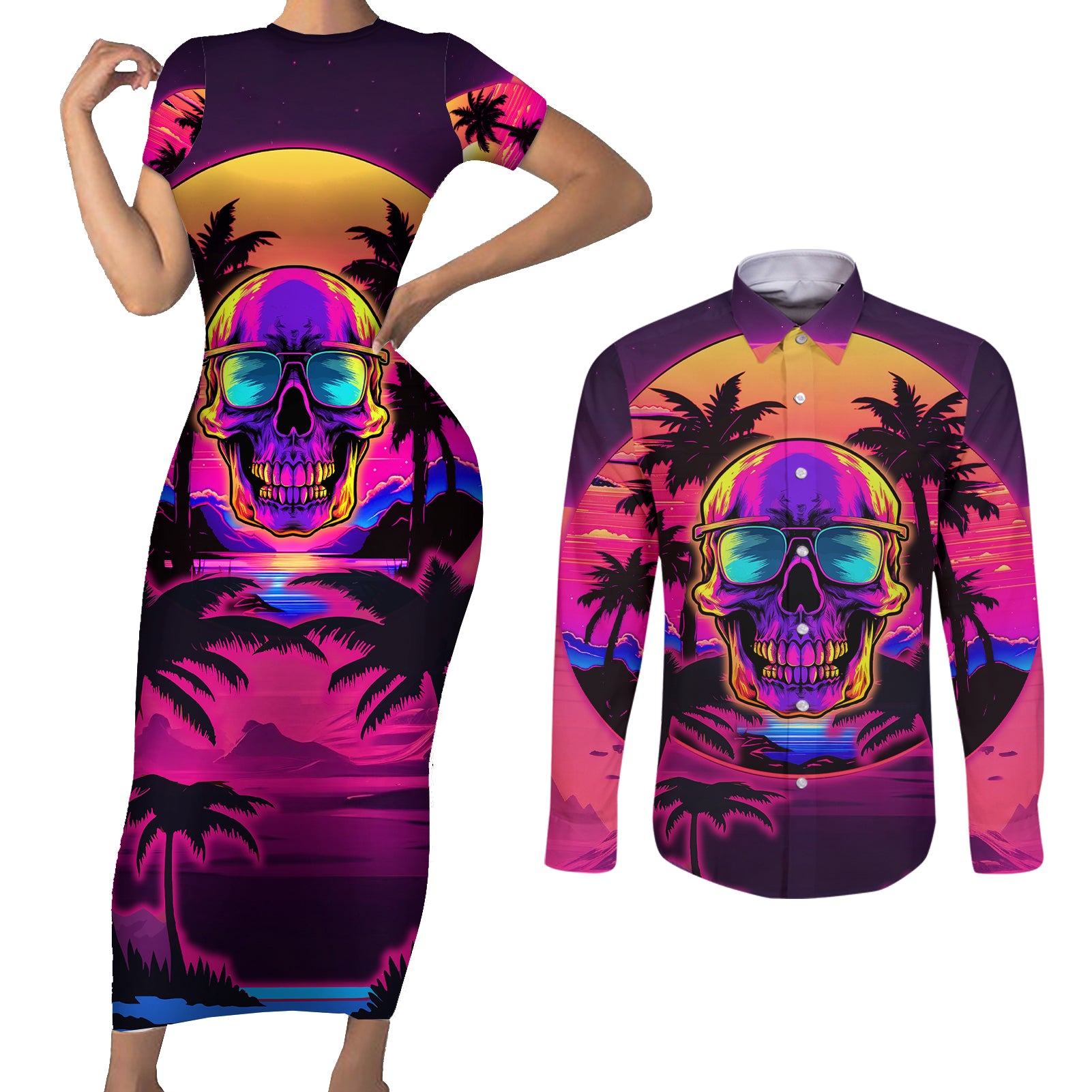 foreuer-chasing-sunsets-skull-couples-matching-short-sleeve-bodycon-dress-and-long-sleeve-button-shirts