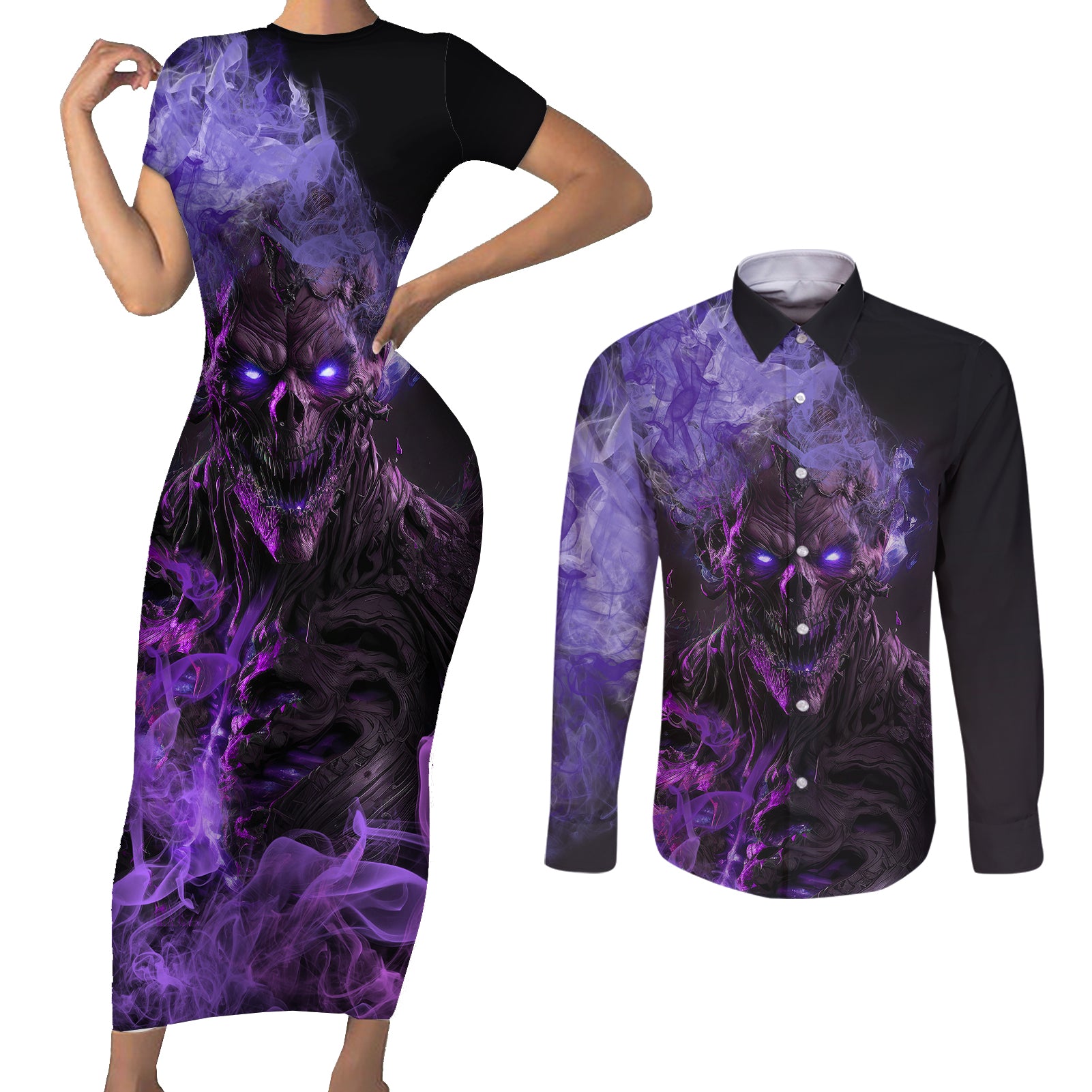 dont-test-the-monster-in-me-couples-matching-short-sleeve-bodycon-dress-and-long-sleeve-button-shirts