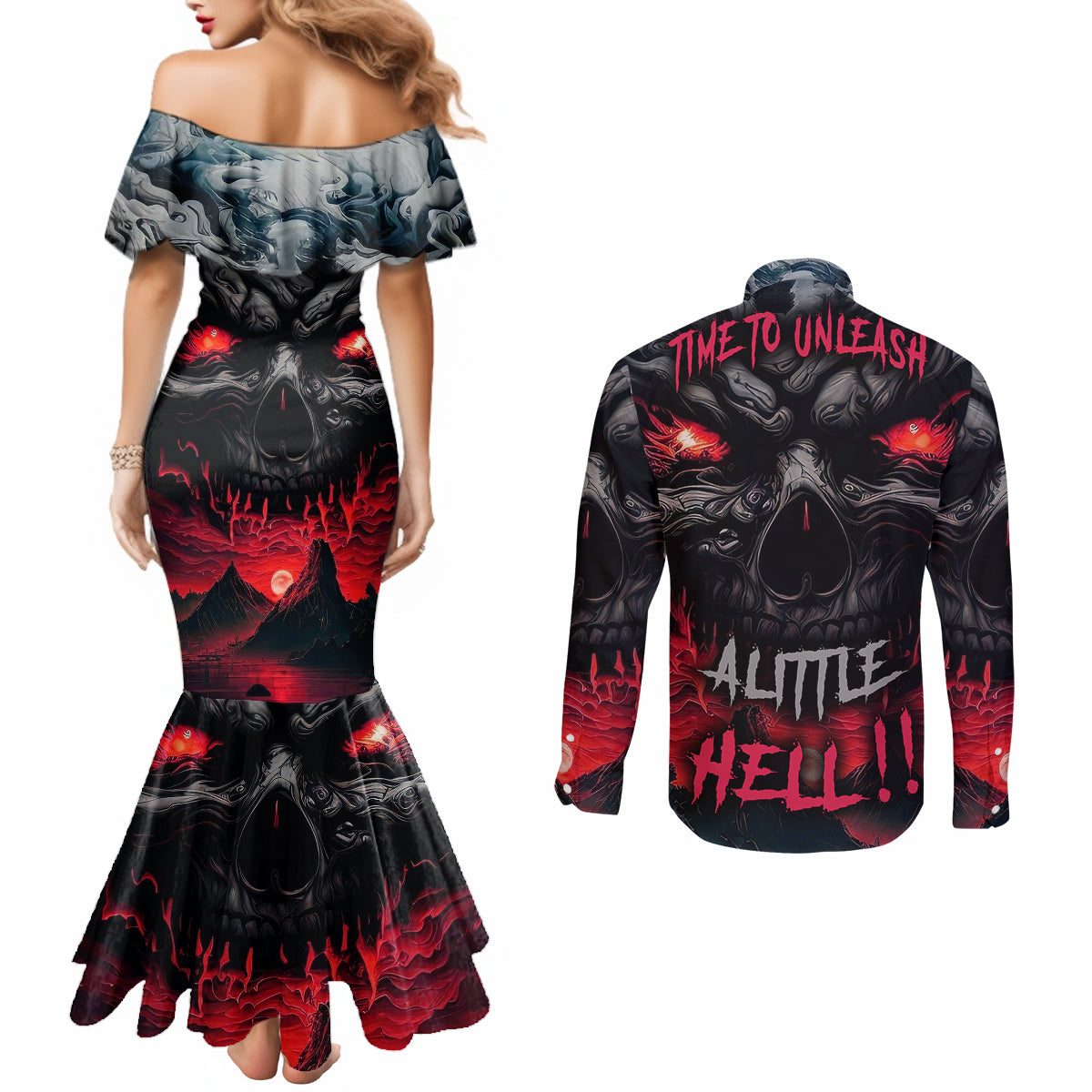 time-to-unleash-alittle-hell-couples-matching-mermaid-dress-and-long-sleeve-button-shirts