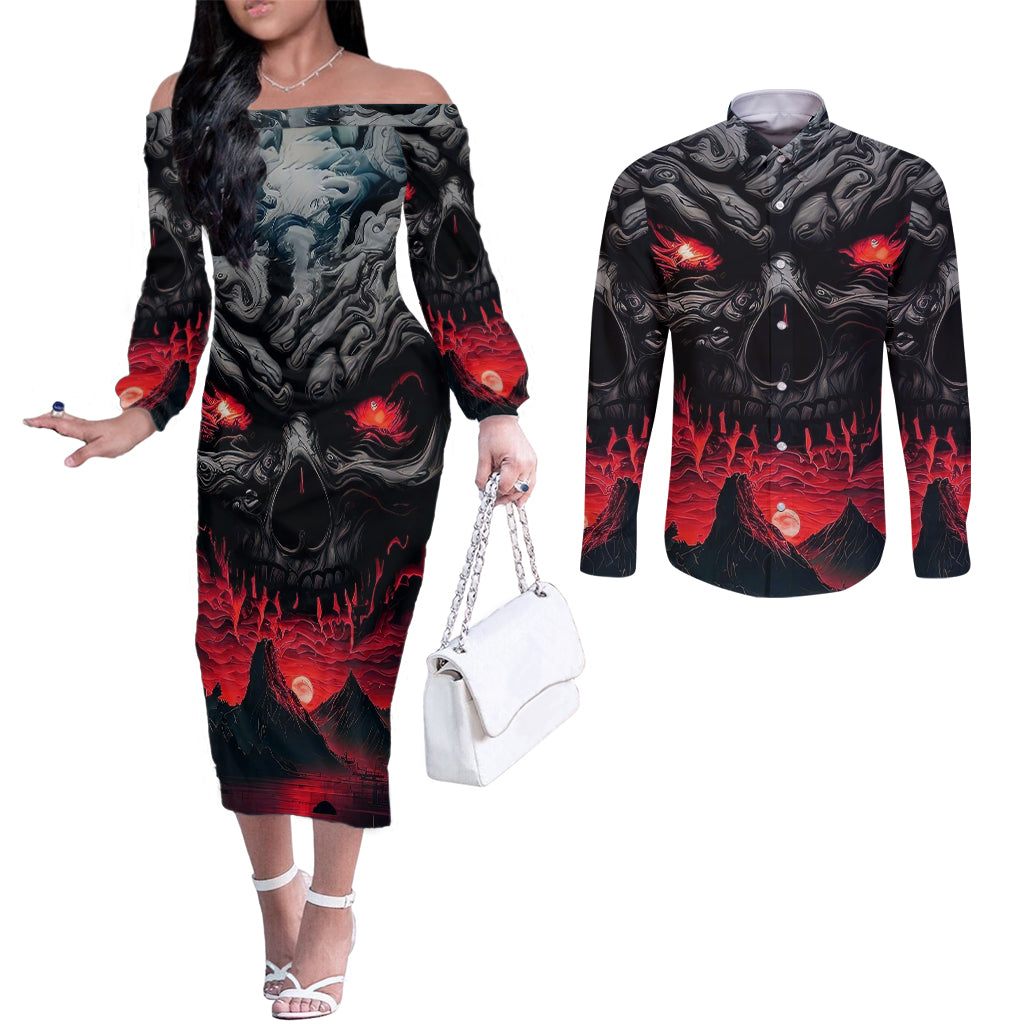 time-to-unleash-alittle-hell-couples-matching-off-the-shoulder-long-sleeve-dress-and-long-sleeve-button-shirts