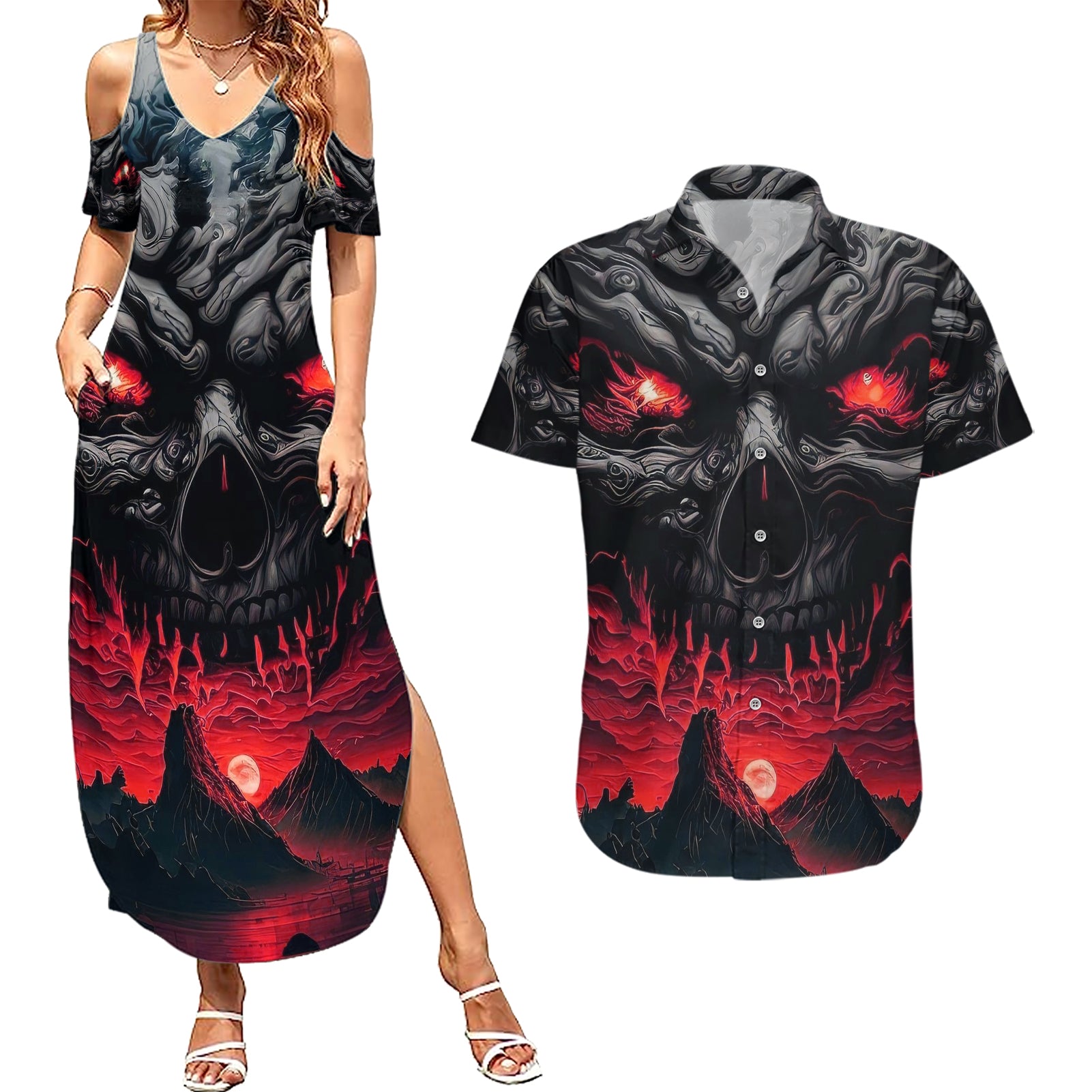 time-to-unleash-alittle-hell-couples-matching-summer-maxi-dress-and-hawaiian-shirt