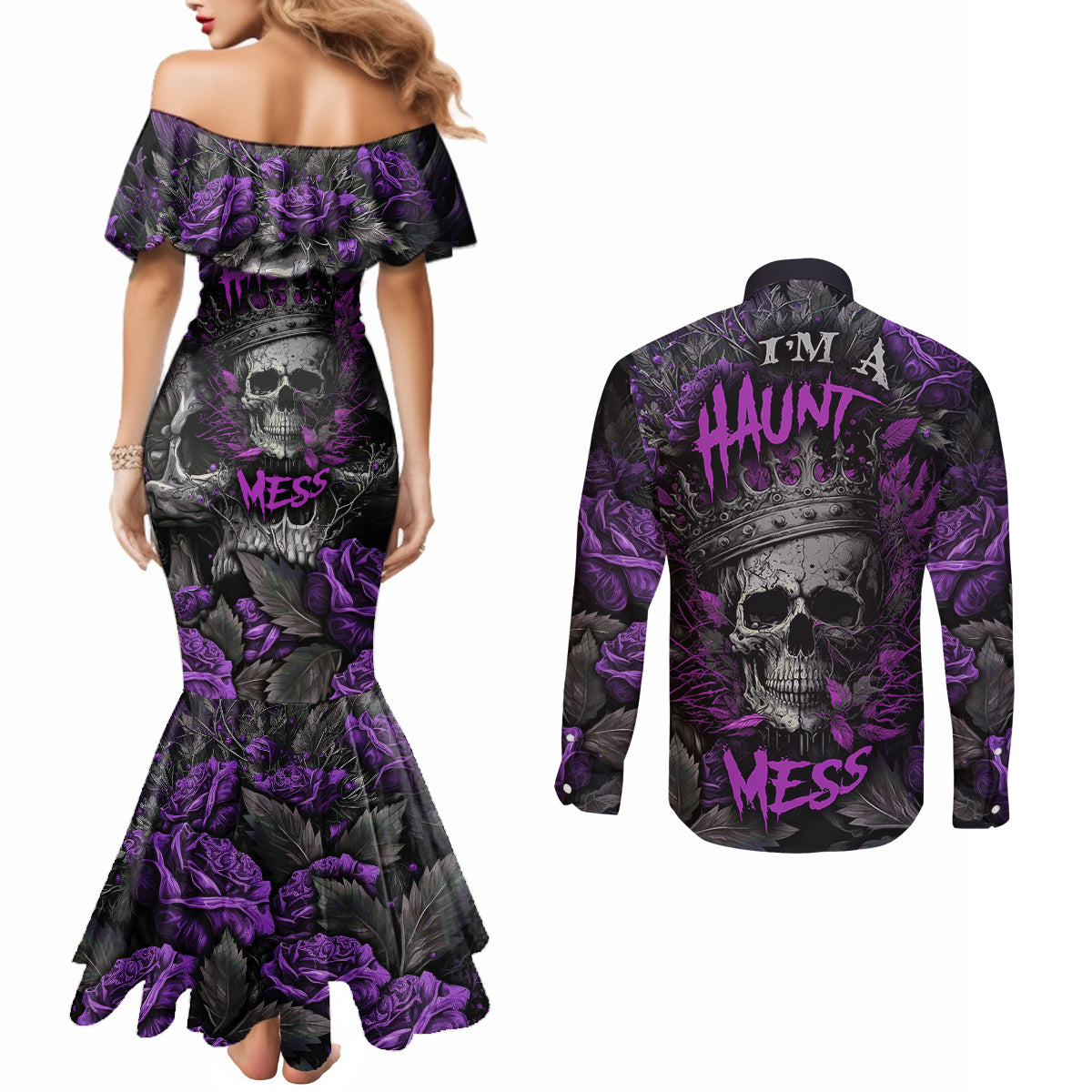 i-am-a-haunt-mess-couples-matching-mermaid-dress-and-long-sleeve-button-shirts