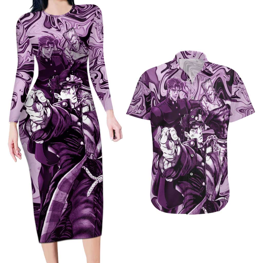 Lucid Stardust Crusaders Jojo’s Bizarre Adventure Couples Matching Long Sleeve Bodycon Dress and Hawaiian Shirt Anime Mix With Mable Style