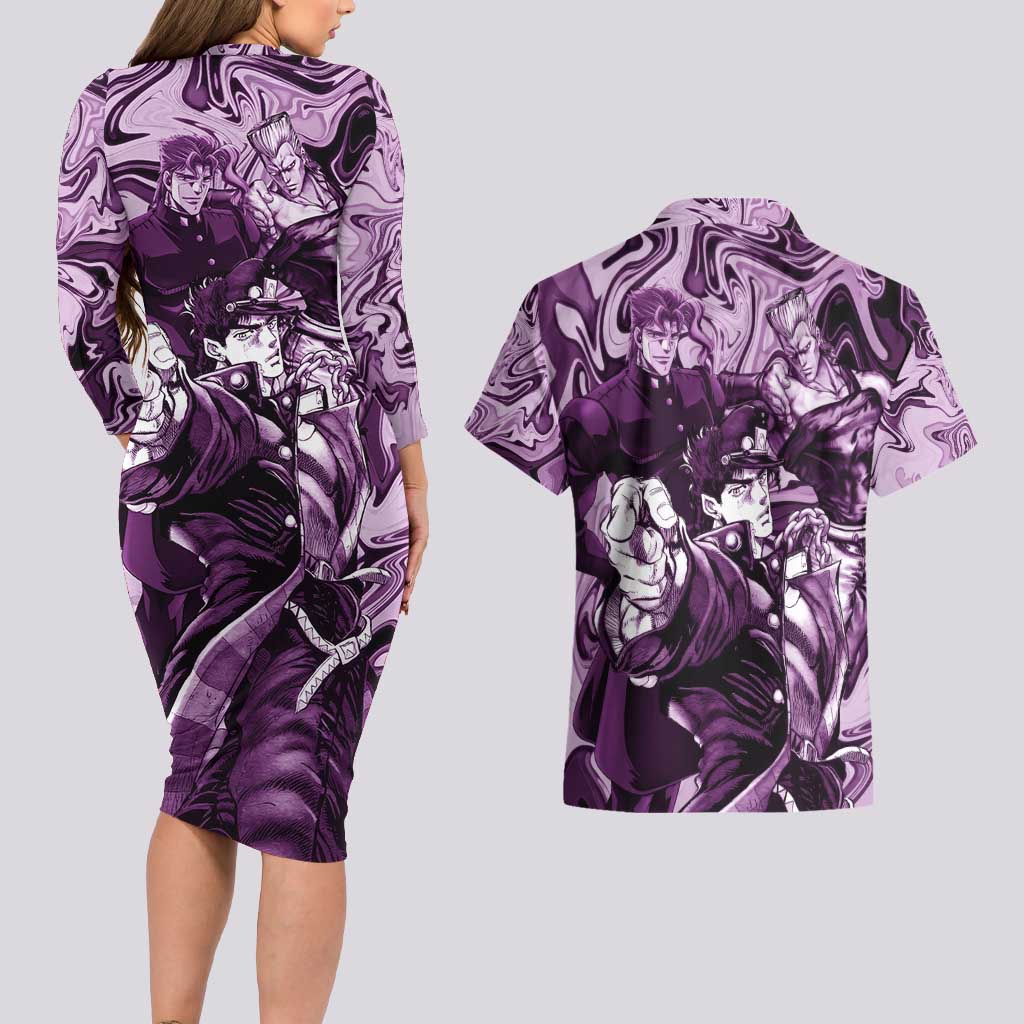 Lucid Stardust Crusaders Jojo’s Bizarre Adventure Couples Matching Long Sleeve Bodycon Dress and Hawaiian Shirt Anime Mix With Mable Style