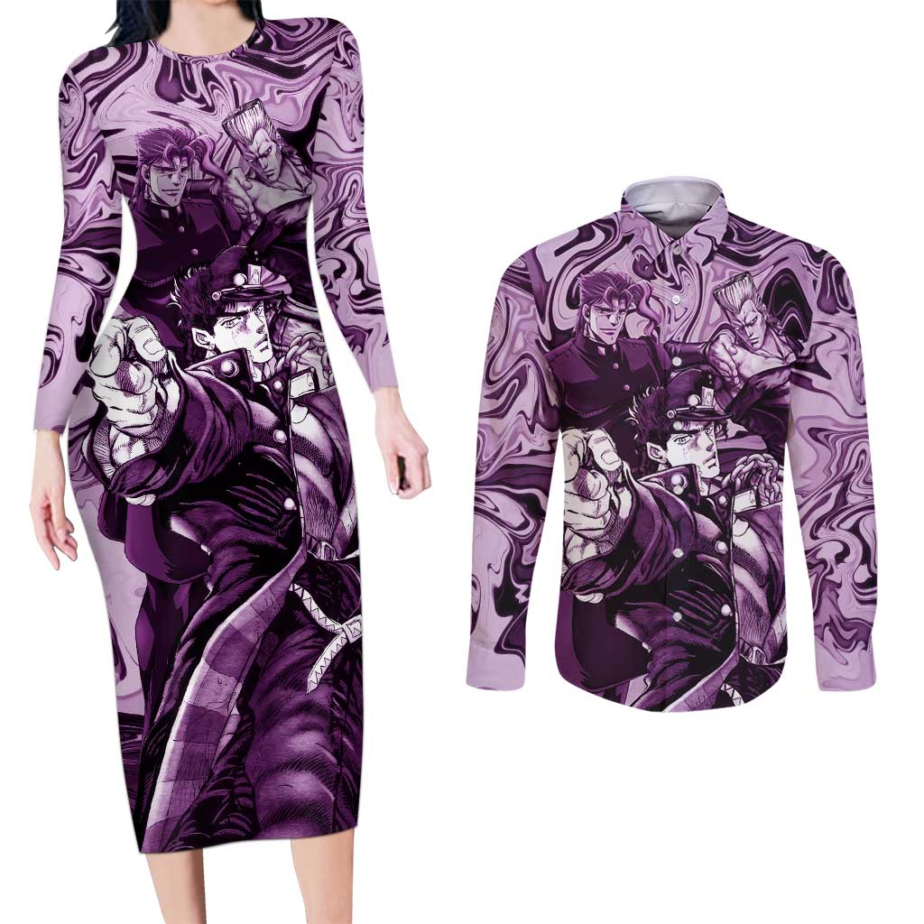 Lucid Stardust Crusaders Jojo’s Bizarre Adventure Couples Matching Long Sleeve Bodycon Dress and Long Sleeve Button Shirt Anime Mix With Mable Style