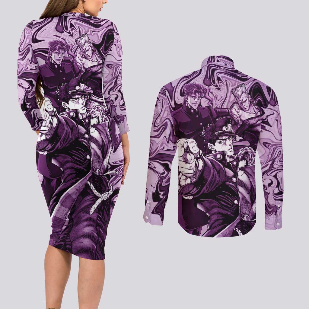 Lucid Stardust Crusaders Jojo’s Bizarre Adventure Couples Matching Long Sleeve Bodycon Dress and Long Sleeve Button Shirt Anime Mix With Mable Style