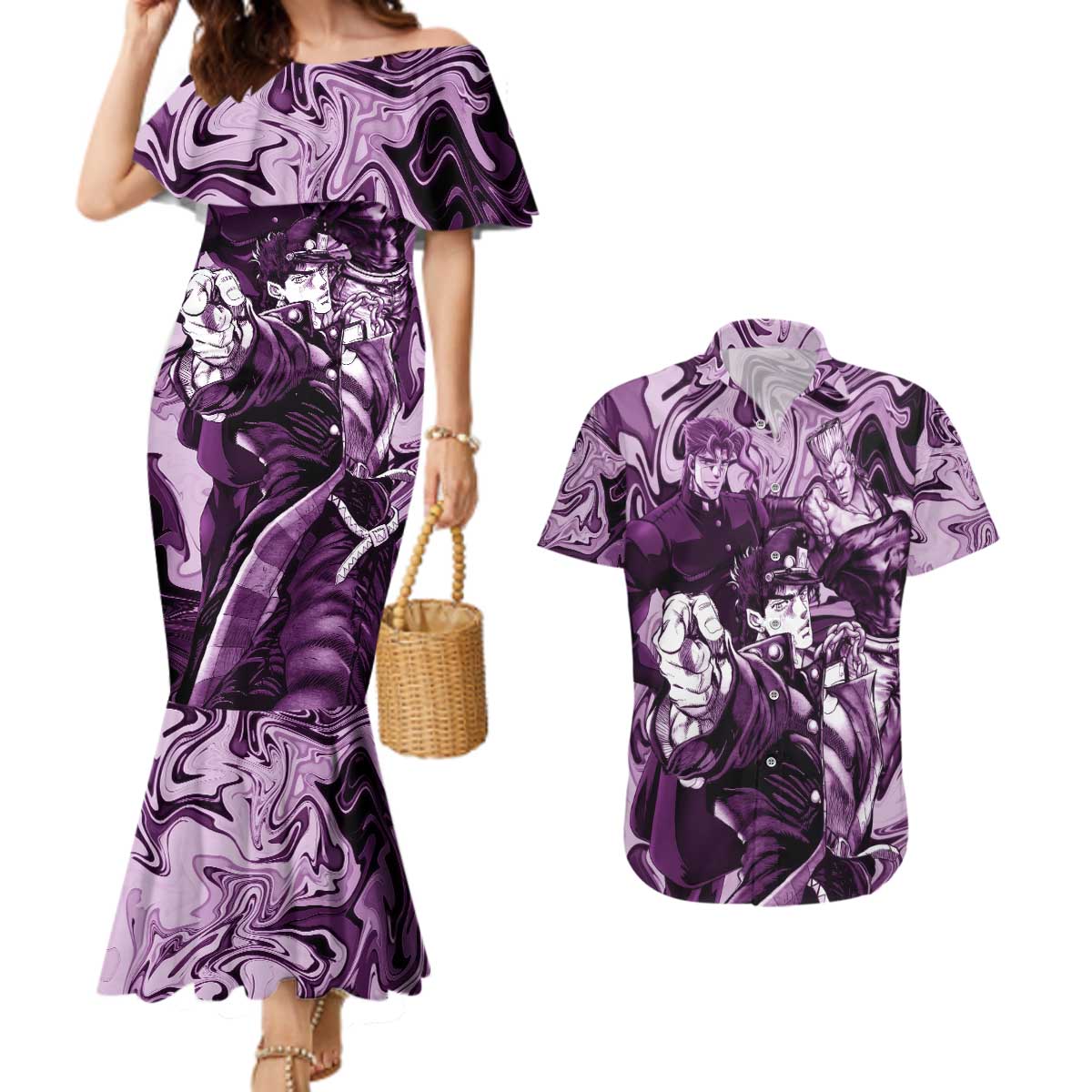 Lucid Stardust Crusaders Jojo’s Bizarre Adventure Couples Matching Mermaid Dress and Hawaiian Shirt Anime Mix With Mable Style