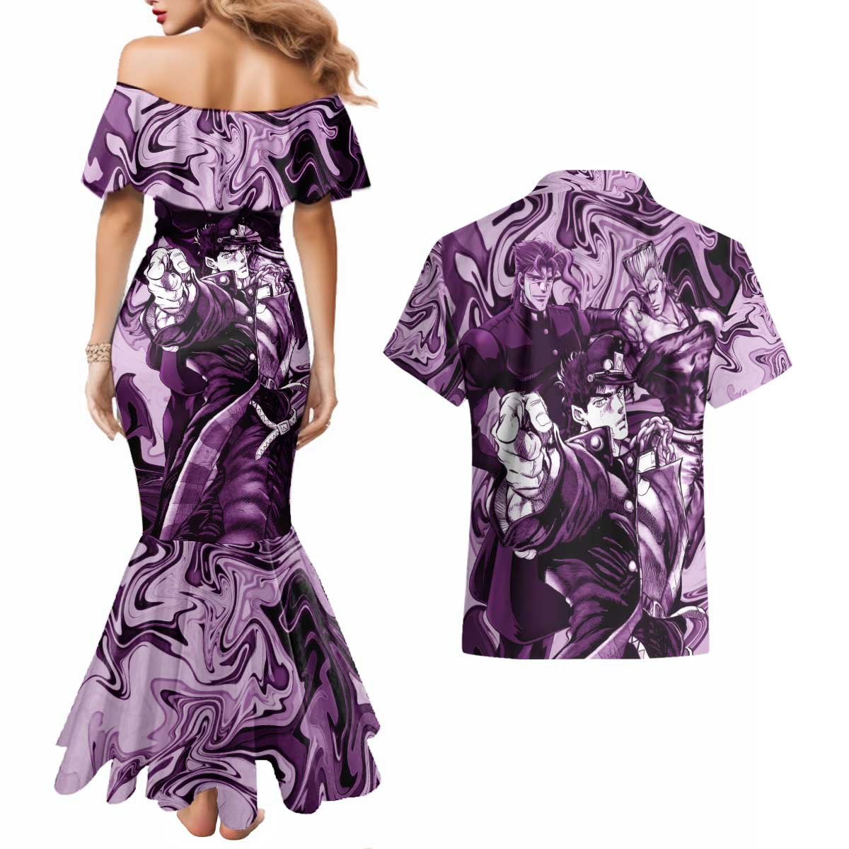 Lucid Stardust Crusaders Jojo’s Bizarre Adventure Couples Matching Mermaid Dress and Hawaiian Shirt Anime Mix With Mable Style