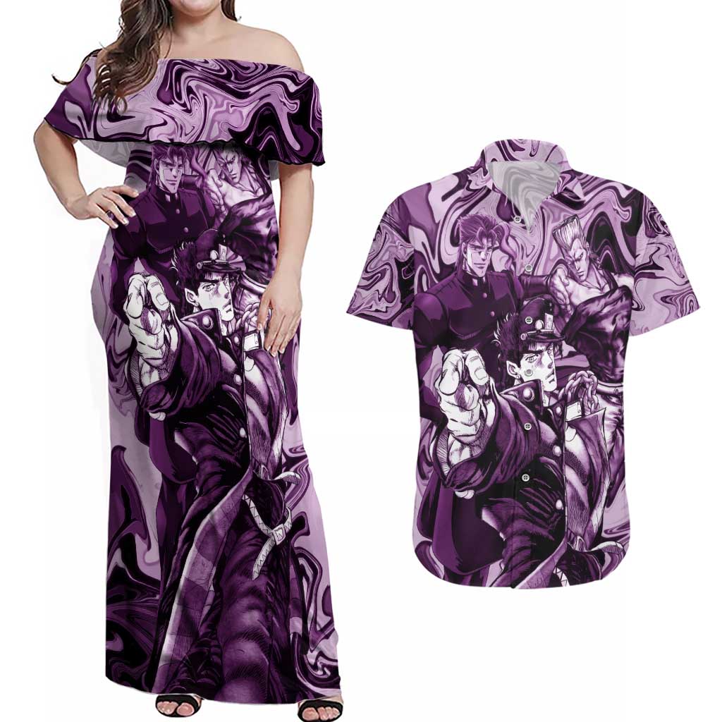 Lucid Stardust Crusaders Jojo’s Bizarre Adventure Couples Matching Off Shoulder Maxi Dress and Hawaiian Shirt Anime Mix With Mable Style