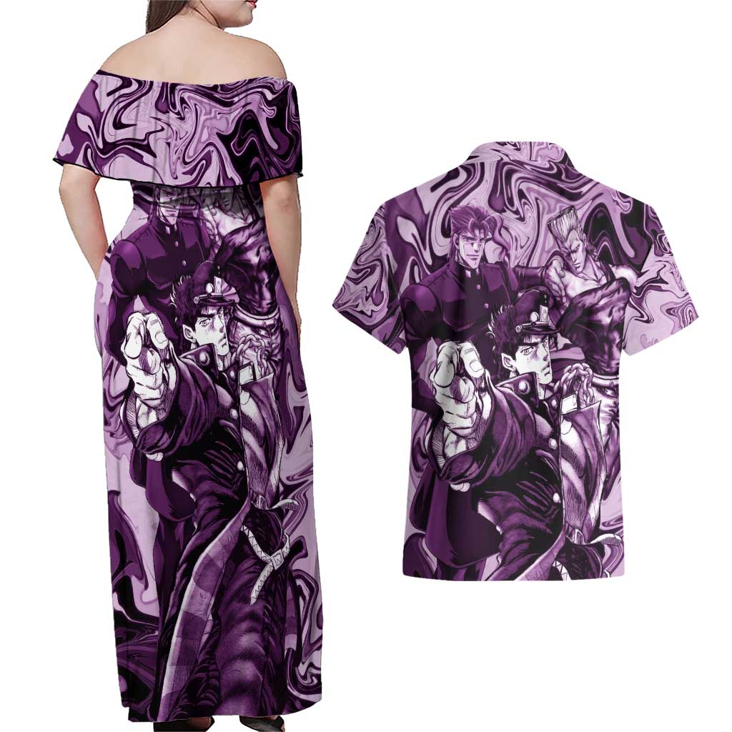 Lucid Stardust Crusaders Jojo’s Bizarre Adventure Couples Matching Off Shoulder Maxi Dress and Hawaiian Shirt Anime Mix With Mable Style
