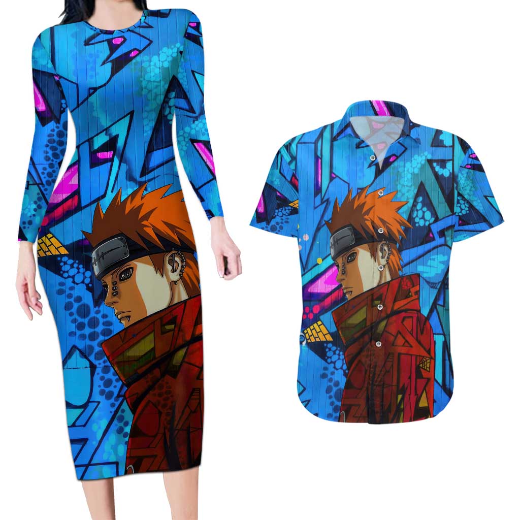 Naruto Akatsuki Urban Grafitti Pain Couples Matching Long Sleeve Bodycon Dress and Hawaiian Shirt Anime  Mix Abstract Style