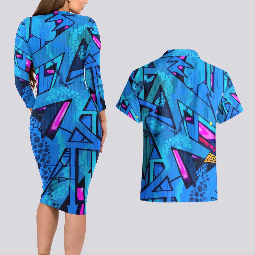 Naruto Akatsuki Urban Grafitti Pain Couples Matching Long Sleeve Bodycon Dress and Hawaiian Shirt Anime  Mix Abstract Style