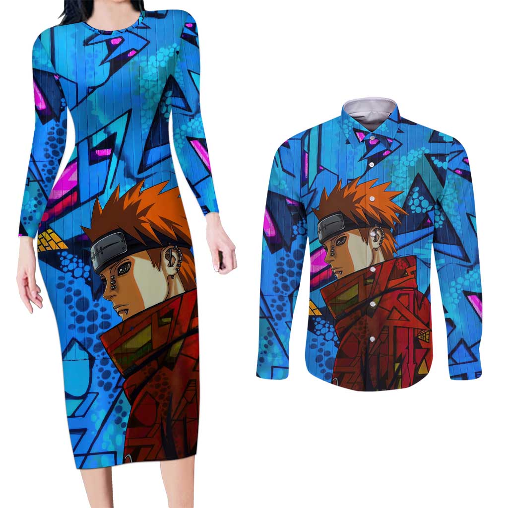 Naruto Akatsuki Urban Grafitti Pain Couples Matching Long Sleeve Bodycon Dress and Long Sleeve Button Shirt Anime  Mix Abstract Style
