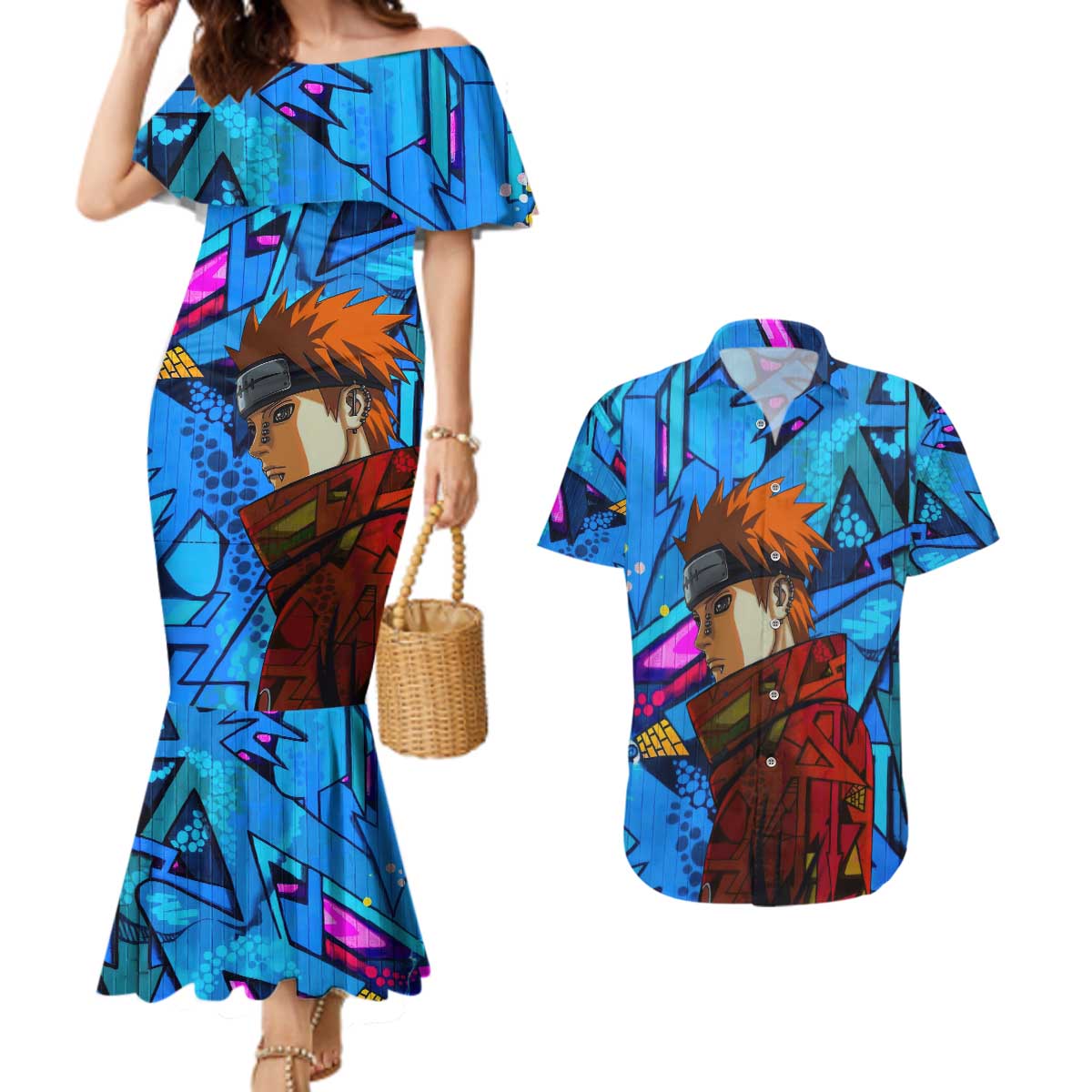 Naruto Akatsuki Urban Grafitti Pain Couples Matching Mermaid Dress and Hawaiian Shirt Anime  Mix Abstract Style