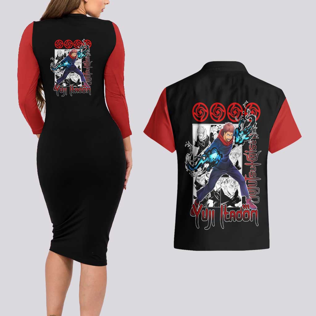 Yuji Itadori - Jujutsu Kaisen Couples Matching Long Sleeve Bodycon Dress and Hawaiian Shirt Anime Mix Manga Style