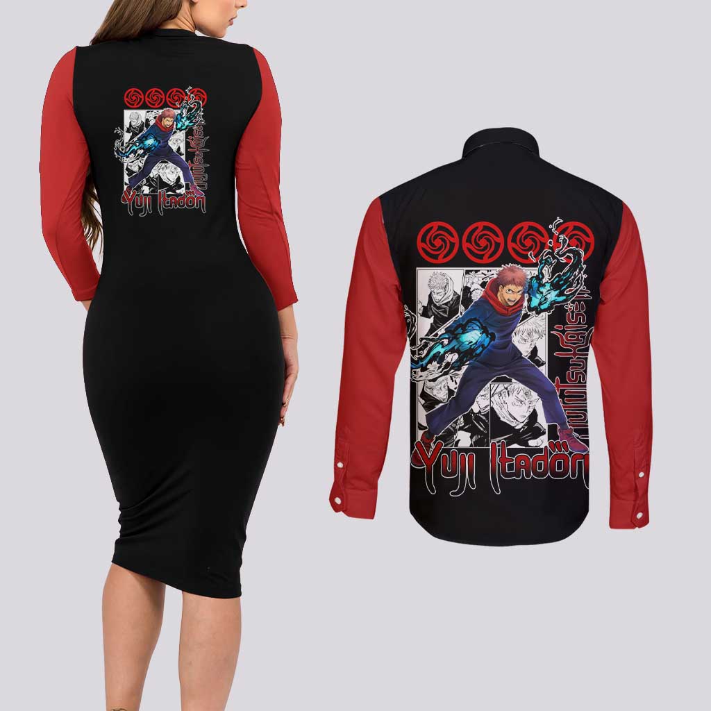 Yuji Itadori - Jujutsu Kaisen Couples Matching Long Sleeve Bodycon Dress and Long Sleeve Button Shirt Anime Mix Manga Style