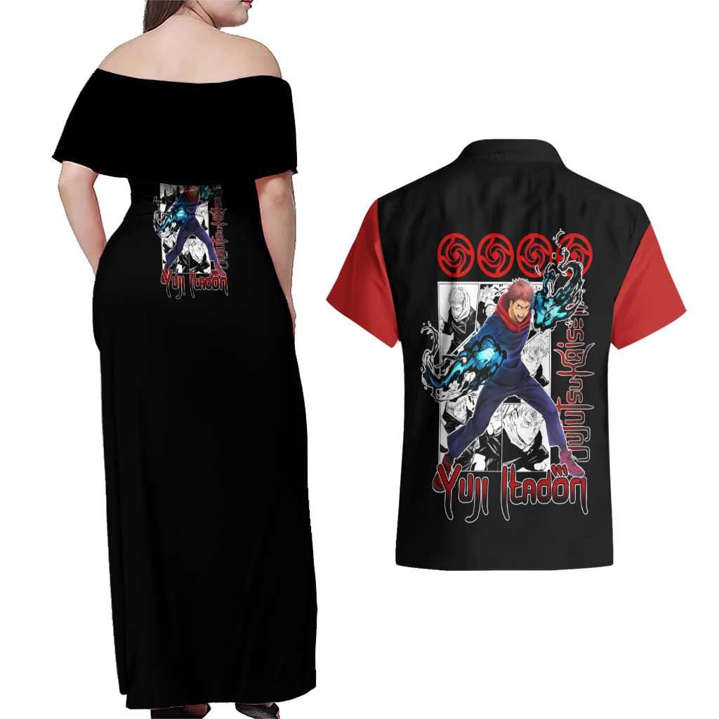 Yuji Itadori - Jujutsu Kaisen Couples Matching Off Shoulder Maxi Dress and Hawaiian Shirt Anime Mix Manga Style