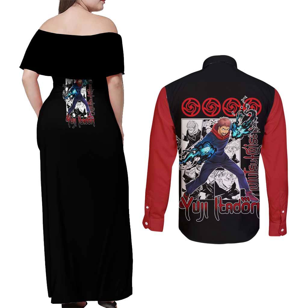 Yuji Itadori - Jujutsu Kaisen Couples Matching Off Shoulder Maxi Dress and Long Sleeve Button Shirt Anime Mix Manga Style