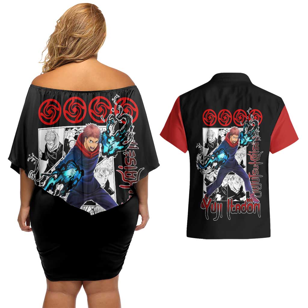 Yuji Itadori - Jujutsu Kaisen Couples Matching Off Shoulder Short Dress and Hawaiian Shirt Anime Mix Manga Style